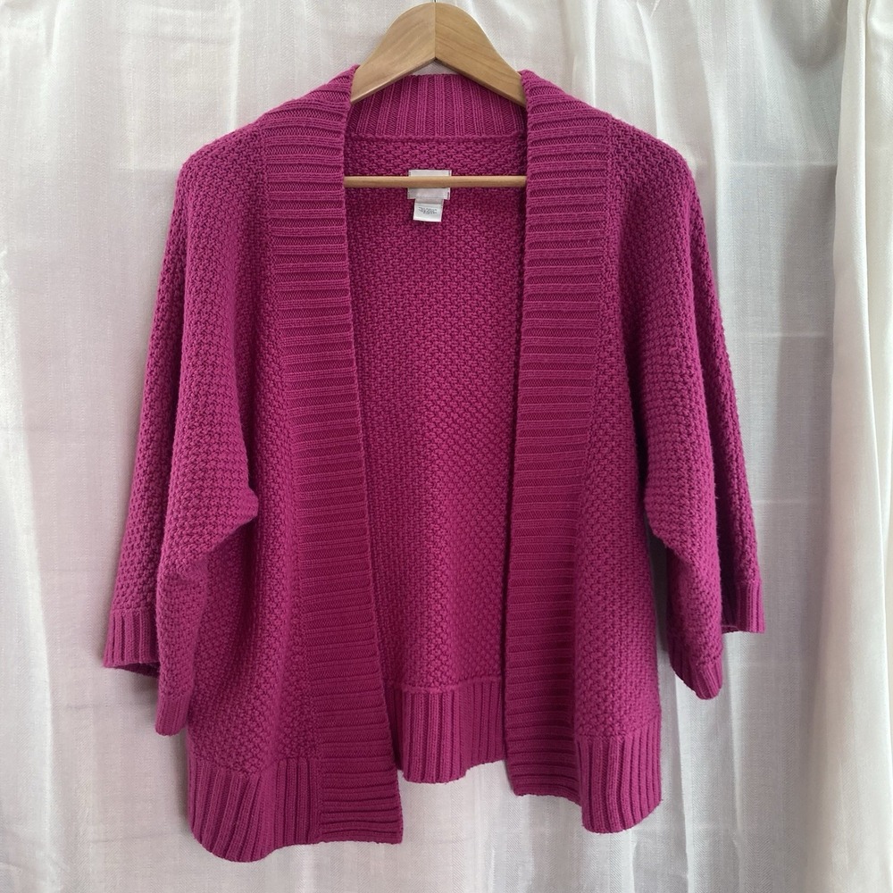 Chico's Open Front Wool Blend Cardigan Sweater Women's 1‎ Medium Pink 1/2 Sleeve
